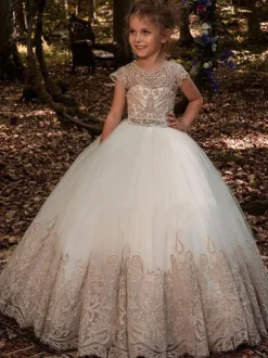 White Flower Girl Dresses Champagne Tulle Short Sleeves Jewel Neck Flower Girl Dresses