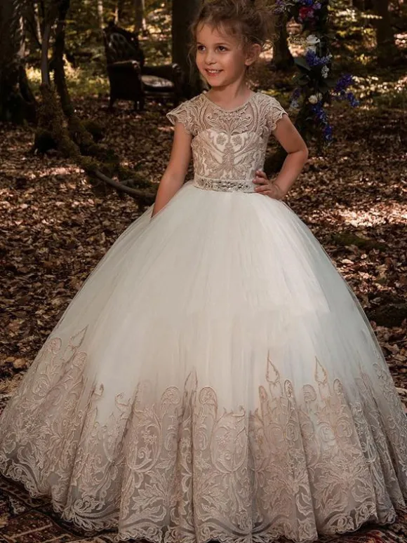 White Flower Girl Dresses Champagne Tulle Short Sleeves Jewel Neck Flower Girl Dresses
