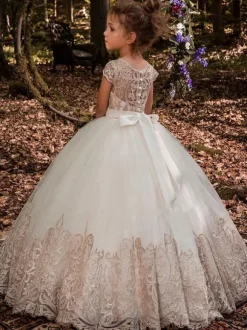 White Flower Girl Dresses Champagne Tulle Short Sleeves Jewel Neck Flower Girl Dresses