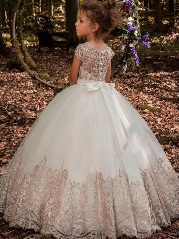 White Flower Girl Dresses Champagne Tulle Short Sleeves Jewel Neck Flower Girl Dresses