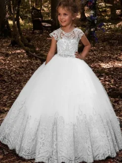 White Flower Girl Dresses Champagne Tulle Short Sleeves Jewel Neck Flower Girl Dresses