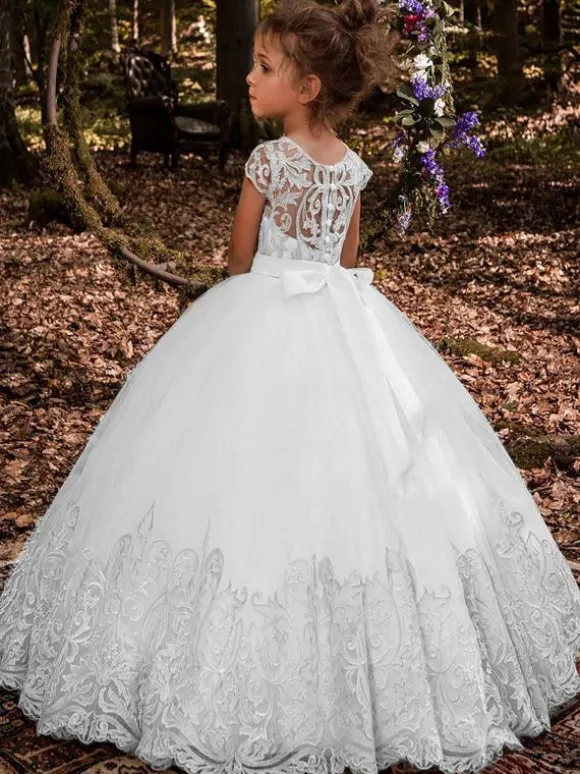 White Flower Girl Dresses Champagne Tulle Short Sleeves Jewel Neck Flower Girl Dresses