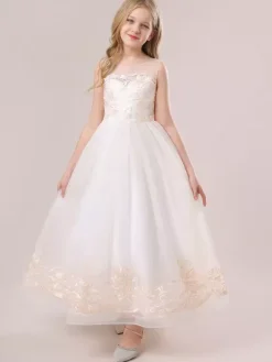 White Flower Girl Dresses Champagne Lace Sleeveless Jewel Neck Flower Girl Dresses