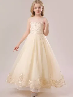 White Flower Girl Dresses Champagne Lace Sleeveless Jewel Neck Flower Girl Dresses