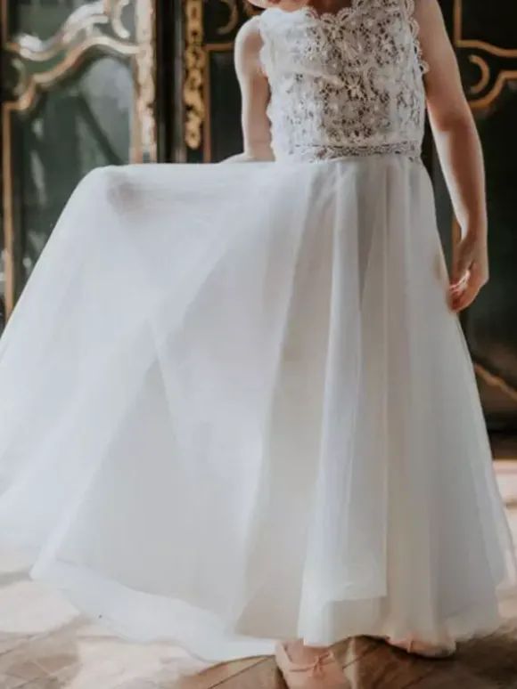 White Flower Girl Dresses For Women V Neck Sleeveless Tulle Lace Kids Party Dresses