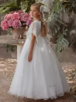 White Flower Girl Dresses Ivory Tulle Short Sleeves Jewel Neck Flower Girl Dresses