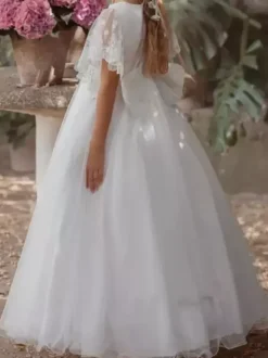White Flower Girl Dresses Ivory Tulle Short Sleeves Jewel Neck Flower Girl Dresses