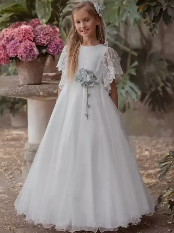 White Flower Girl Dresses Ivory Tulle Short Sleeves Jewel Neck Flower Girl Dresses