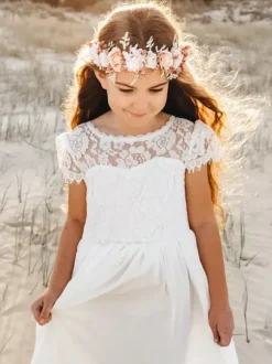 White Flower Girl Dresses Ivory Chiffon Short Sleeves Jewel Neck Flower Girl Dresses