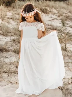 White Flower Girl Dresses Ivory Chiffon Short Sleeves Jewel Neck Flower Girl Dresses