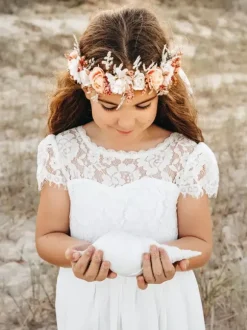 White Flower Girl Dresses Ivory Chiffon Short Sleeves Jewel Neck Flower Girl Dresses