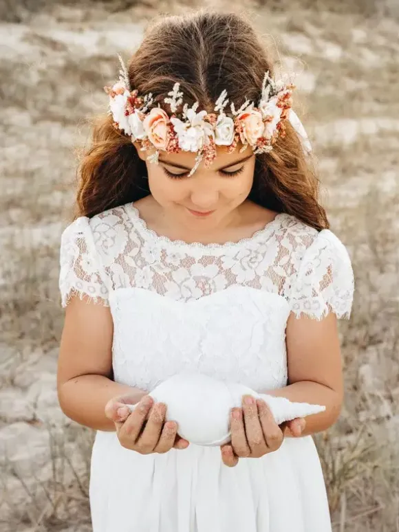 White Flower Girl Dresses Ivory Chiffon Short Sleeves Jewel Neck Flower Girl Dresses