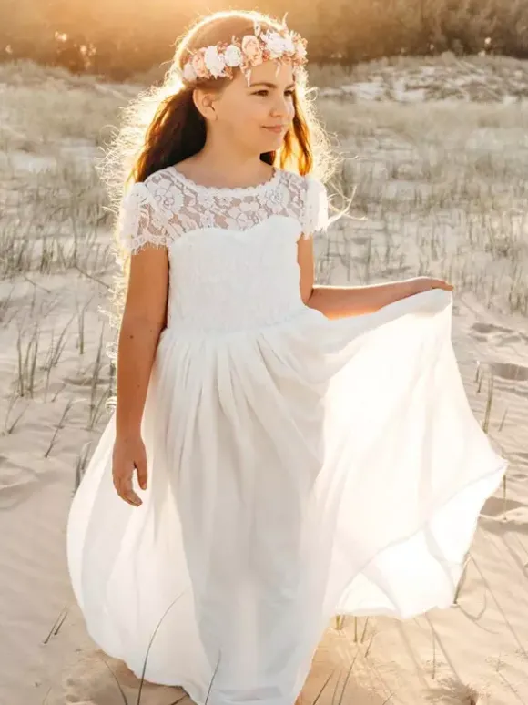 White Flower Girl Dresses Ivory Chiffon Short Sleeves Jewel Neck Flower Girl Dresses