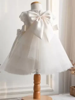 White Flower Girl Dresses Ivory Tulle Short Sleeves Jewel Neck Flower Girl Dresses