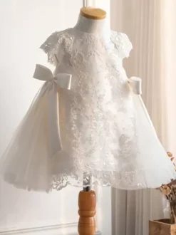 White Flower Girl Dresses Ivory Tulle Short Sleeves Jewel Neck Flower Girl Dresses