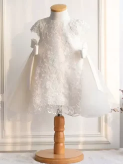 White Flower Girl Dresses Ivory Tulle Short Sleeves Jewel Neck Flower Girl Dresses