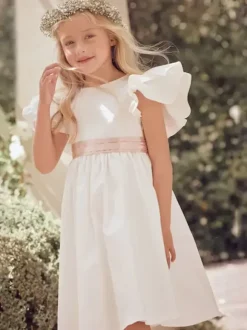 White Flower Girl Dresses Ivory Polyester Short Sleeves Jewel Neck Flower Girl Dresses