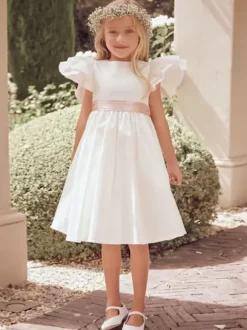 White Flower Girl Dresses Ivory Polyester Short Sleeves Jewel Neck Flower Girl Dresses
