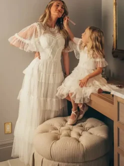 White Flower Girl Dresses Ivory Tulle Short Sleeves Designed Neckline Flower Girl Dresses