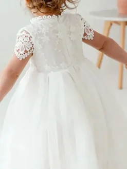 White Flower Girl Dresses Jewel Neck Short Sleeves Ankle Length A Line Lace Kids Party Dresses