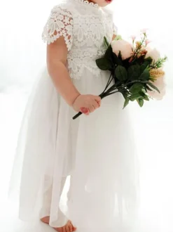 White Flower Girl Dresses Jewel Neck Short Sleeves Ankle Length A Line Lace Kids Party Dresses