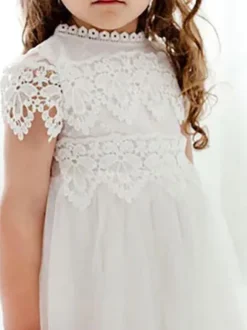 White Flower Girl Dresses Jewel Neck Short Sleeves Ankle Length A Line Lace Kids Party Dresses