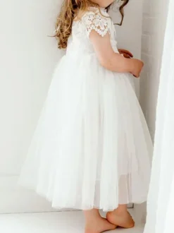 White Flower Girl Dresses Jewel Neck Short Sleeves Ankle Length A Line Lace Kids Party Dresses