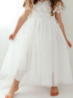 White Flower Girl Dresses Jewel Neck Short Sleeves Ankle Length A Line Lace Kids Party Dresses