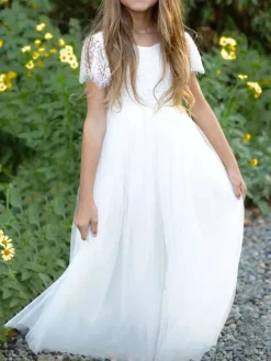 White Flower Girl Dresses Jewel Neck Lace Short Sleeves A-Line Lace Ankle Length Kids Party Dresses Free Customization