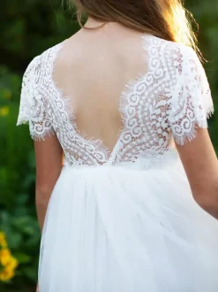 White Flower Girl Dresses Jewel Neck Lace Short Sleeves A-Line Lace Ankle Length Kids Party Dresses Free Customization