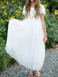 White Flower Girl Dresses Jewel Neck Lace Short Sleeves A-Line Lace Ankle Length Kids Party Dresses Free Customization