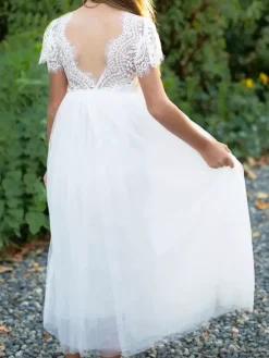 White Flower Girl Dresses Jewel Neck Lace Short Sleeves A-Line Lace Ankle Length Kids Party Dresses Free Customization