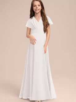 White Flower Girl Dresses Special Occasion Dresses Sage Chiffon Short Sleeves V-Neck Flower Girl Dresses
