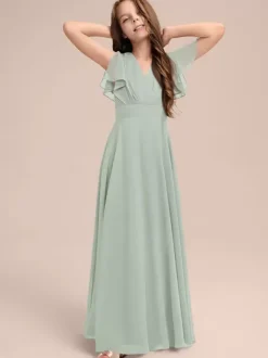 White Flower Girl Dresses Special Occasion Dresses Sage Chiffon Short Sleeves V-Neck Flower Girl Dresses
