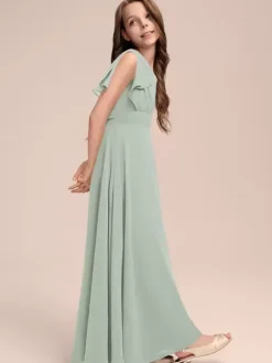 White Flower Girl Dresses Special Occasion Dresses Sage Chiffon Short Sleeves V-Neck Flower Girl Dresses