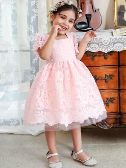 White Flower Girl Dresses Special Occasion Dresses White Lace Short Sleeves Square Neck Flower Girl Dresses