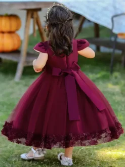 White Flower Girl Dresses Special Occasion Dresses Burgundy Lace Short Sleeves Jewel Neck Flower Girl Dresses