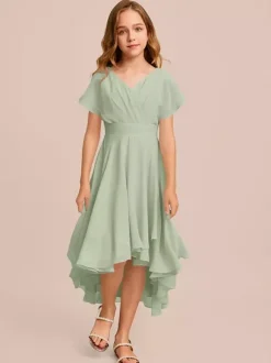 White Flower Girl Dresses Special Occasion Dresses Mint Green Chiffon Short Sleeves V-Neck Flower Girl Dresses