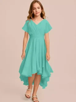 White Flower Girl Dresses Special Occasion Dresses Mint Green Chiffon Short Sleeves V-Neck Flower Girl Dresses