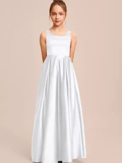 White Flower Girl Dresses Special Occasion Dresses Ivory Satin Fabric Sleeveless Square Neck Flower Girl Dresses