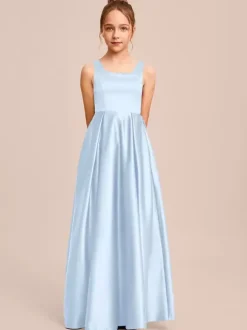 White Flower Girl Dresses Special Occasion Dresses Ivory Satin Fabric Sleeveless Square Neck Flower Girl Dresses