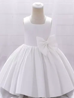 White Flower Girl Dresses Special Occasion Dresses White Satin Fabric Sleeveless Square Neck Flower Girl Dresses