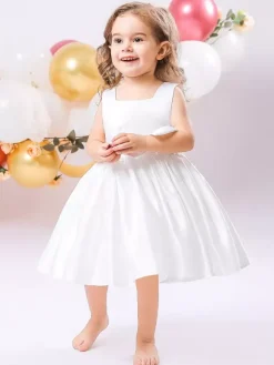 White Flower Girl Dresses Special Occasion Dresses White Satin Fabric Sleeveless Square Neck Flower Girl Dresses