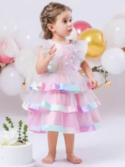 White Flower Girl Dresses Special Occasion Dresses Pink Lace Short Sleeves Jewel Neck Flower Girl Dresses