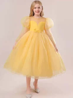 White Flower Girl Dresses Special Occasion Dresses Yellow Lace Long Sleeves Jewel Neck Flower Girl Dresses