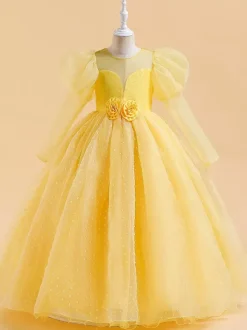 White Flower Girl Dresses Special Occasion Dresses Yellow Lace Long Sleeves Jewel Neck Flower Girl Dresses