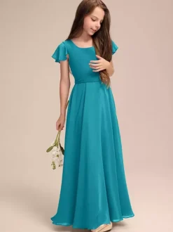 White Flower Girl Dresses Special Occasion Dresses Blue Chiffon Short Sleeves Jewel Neck Flower Girl Dresses