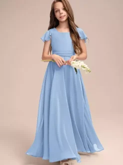 White Flower Girl Dresses Special Occasion Dresses Blue Chiffon Short Sleeves Jewel Neck Flower Girl Dresses