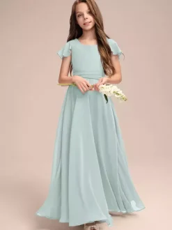 White Flower Girl Dresses Special Occasion Dresses Blue Chiffon Short Sleeves Jewel Neck Flower Girl Dresses