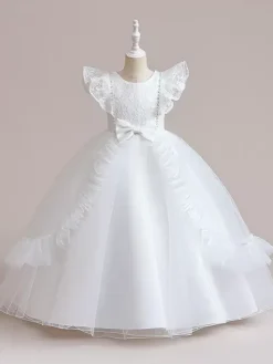 White Flower Girl Dresses Special Occasion Dresses Burgundy Tulle Short Sleeves Jewel Neck Flower Girl Dresses